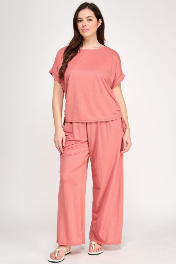 Plus Size Knit Linen Dolman Top with Side Ruching