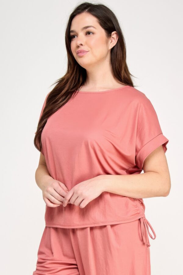 Plus Size Knit Linen Dolman Top with Side Ruching