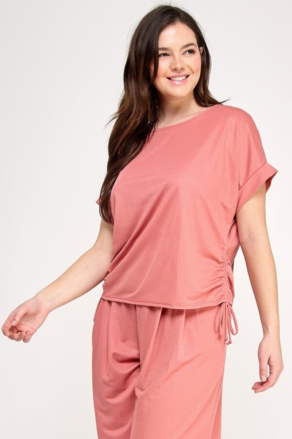 Plus Size Knit Linen Dolman Top with Side Ruching