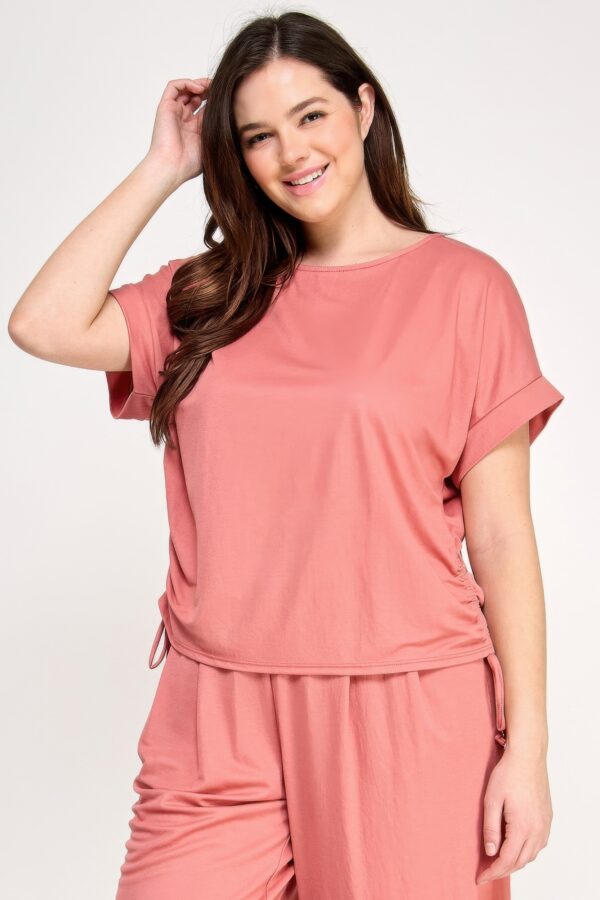 Plus Size Knit Linen Dolman Top with Side Ruching