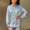 Rhinestone-Lined Satin Button-Down Blouse