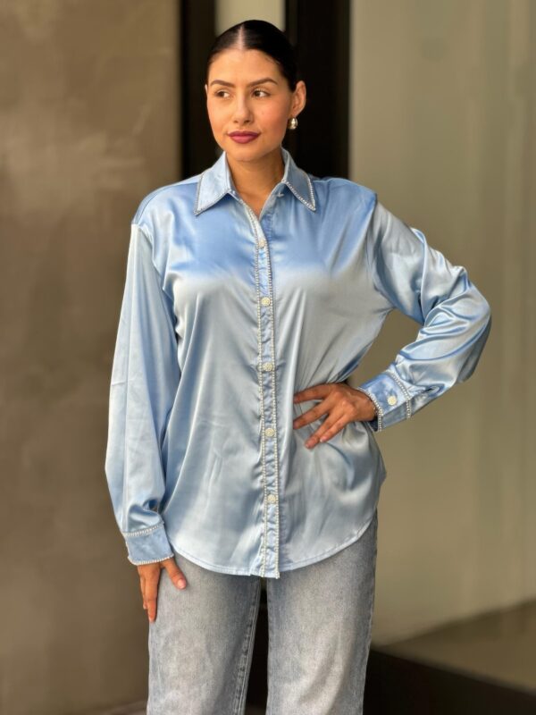 Rhinestone-Lined Satin Button-Down Blouse