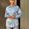 Rhinestone-Lined Satin Button-Down Blouse