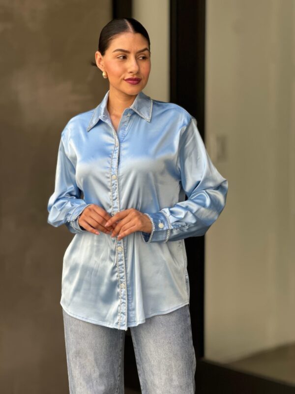 Rhinestone-Lined Satin Button-Down Blouse