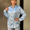 Rhinestone-Lined Satin Button-Down Blouse