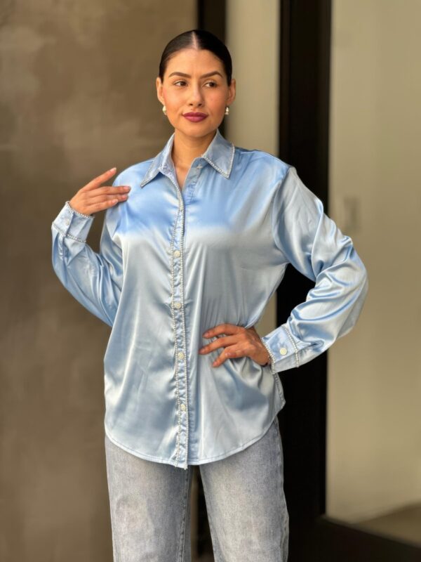 Rhinestone-Lined Satin Button-Down Blouse