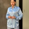 Rhinestone-Lined Satin Button-Down Blouse