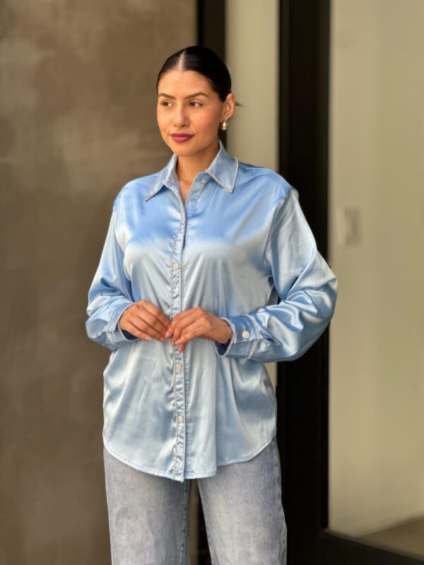 Rhinestone-Lined Satin Button-Down Blouse