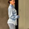 Rhinestone-Lined Satin Button-Down Blouse