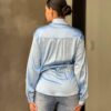 Rhinestone-Lined Satin Button-Down Blouse