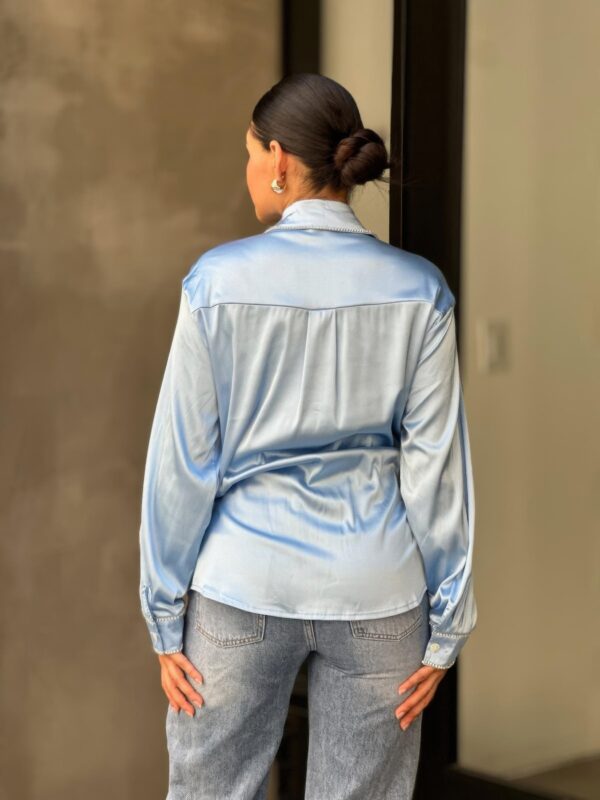 Rhinestone-Lined Satin Button-Down Blouse
