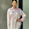 Rhinestone-Trim Stretch Satin Button-Down Blouse