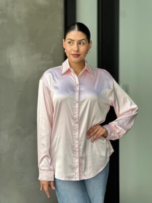 Rhinestone-Trim Stretch Satin Button-Down Blouse