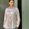 Rhinestone-Trim Stretch Satin Button-Down Blouse