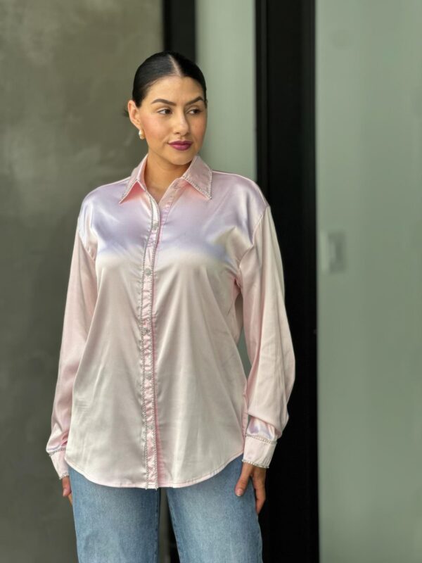 Rhinestone-Trim Stretch Satin Button-Down Blouse