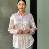 Rhinestone-Trim Stretch Satin Button-Down Blouse