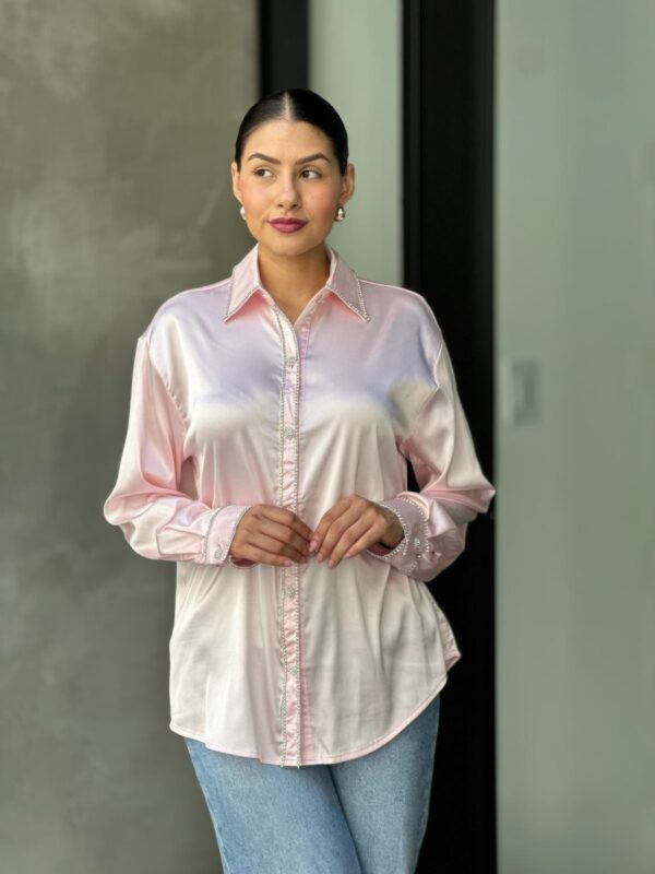 Rhinestone-Trim Stretch Satin Button-Down Blouse