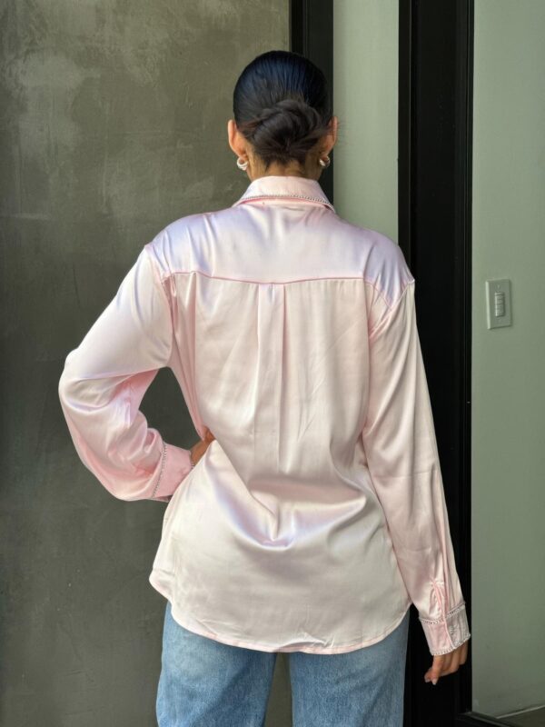 Rhinestone-Trim Stretch Satin Button-Down Blouse