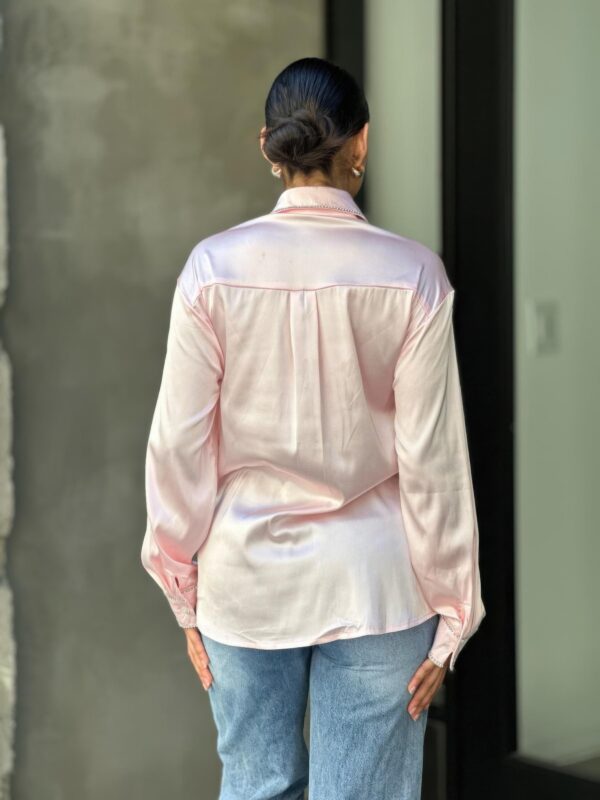 Rhinestone-Trim Stretch Satin Button-Down Blouse