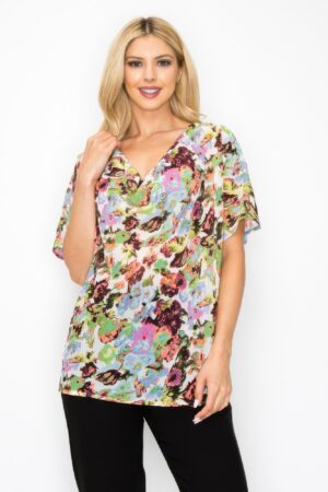 Sheer Cowl Neck Top – Neon Floral Whimsgoth