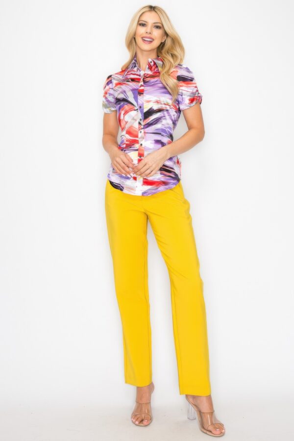 Watercolor Belted Blouse with Snap Front – Short Sleeve