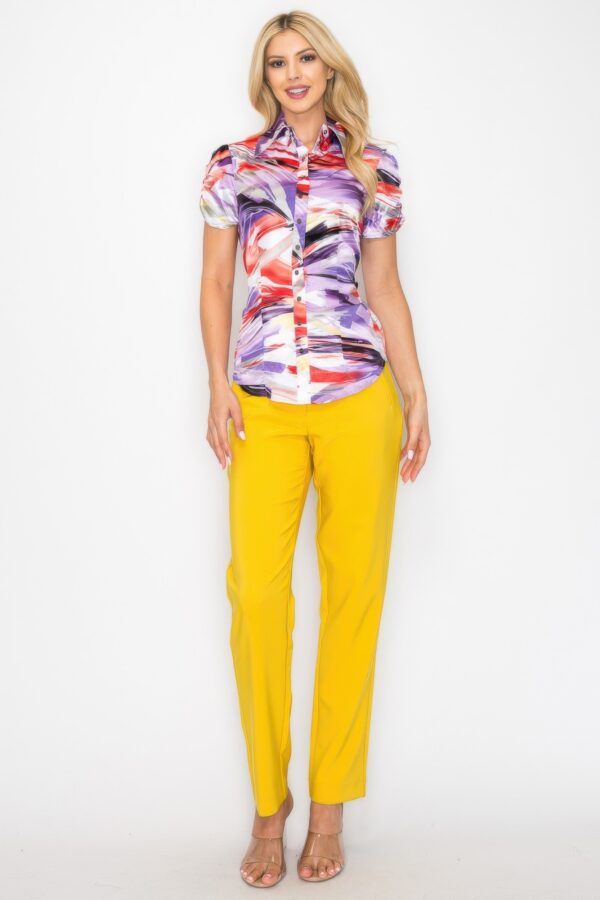 Watercolor Belted Blouse with Snap Front – Short Sleeve