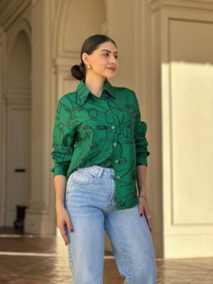 Face-Print Long Sleeve Button-Down Blouse
