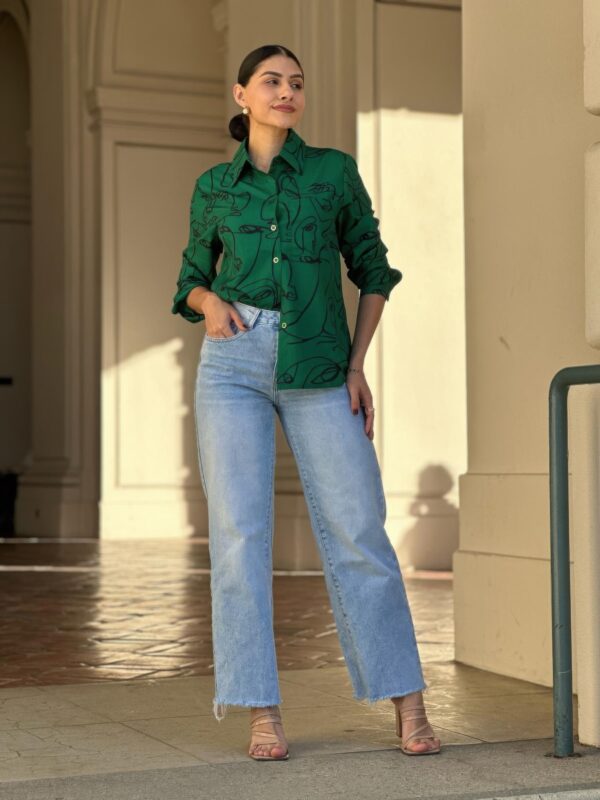 Face-Print Long Sleeve Button-Down Blouse