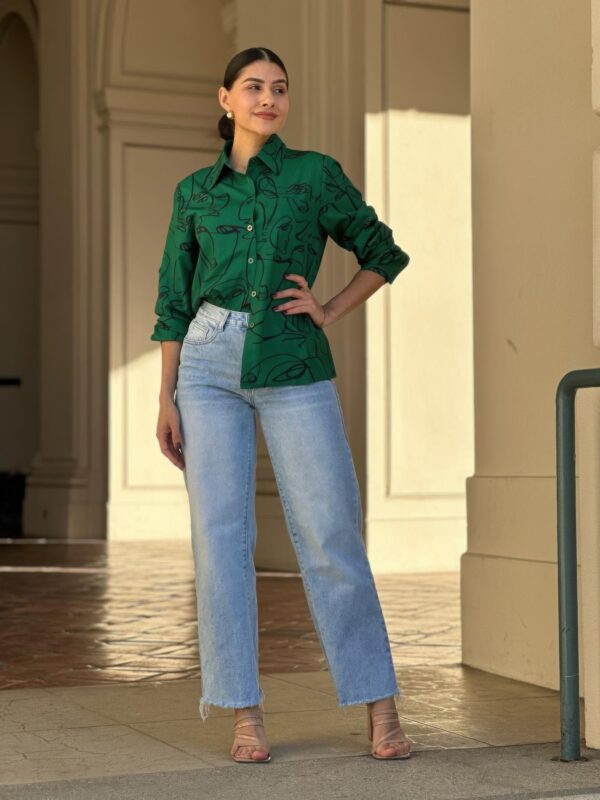 Face-Print Long Sleeve Button-Down Blouse