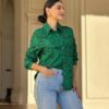 Face-Print Long Sleeve Button-Down Blouse