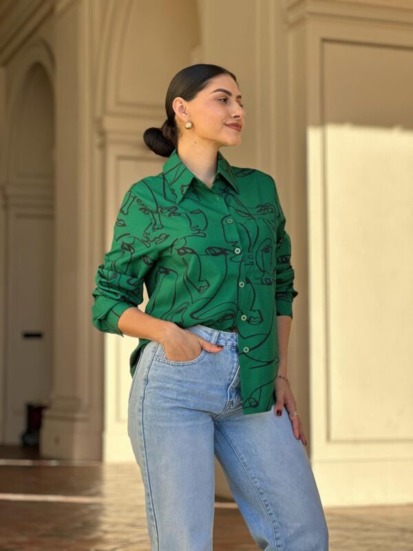 Face-Print Long Sleeve Button-Down Blouse