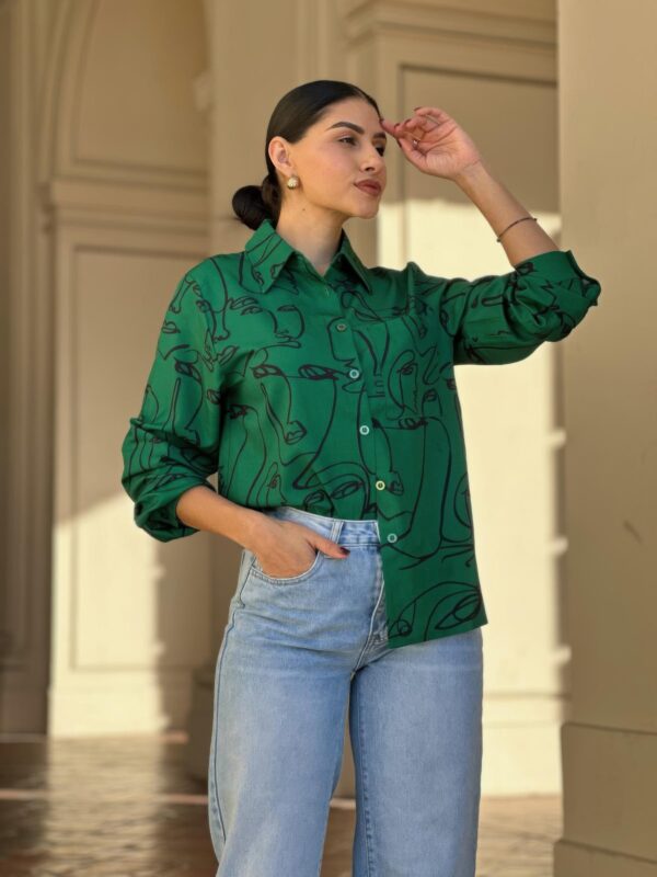 Face-Print Long Sleeve Button-Down Blouse