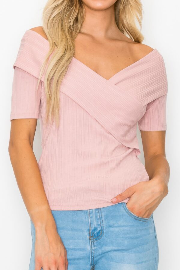 Off-Shoulder Crisscross Ribbed Top – Fitted Cotton Blend