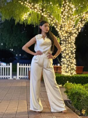 Satin Wide-Leg Pants & Floral Sleeveless Top Set