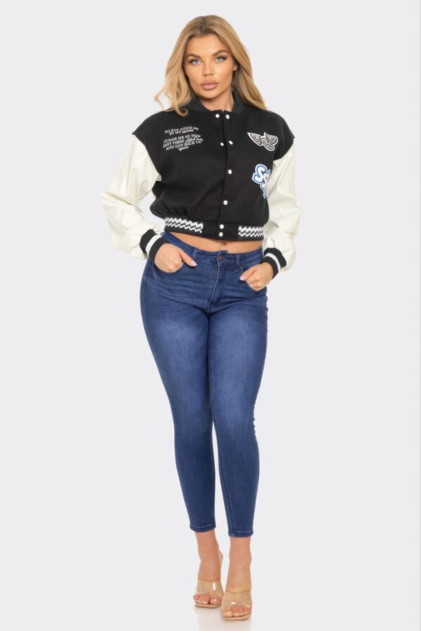 Y2K Patchwork Varsity Jacket – Snap Collar Detail