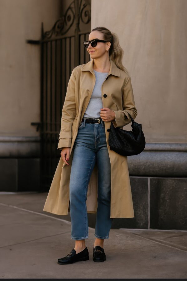 Women’s Tailored Long Trench Coat – Lined, Adjustable Sleeves