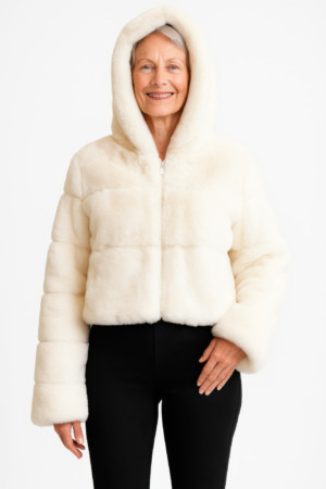 Ivory Faux Fur Hooded Jacket – Cropped Zip-Up