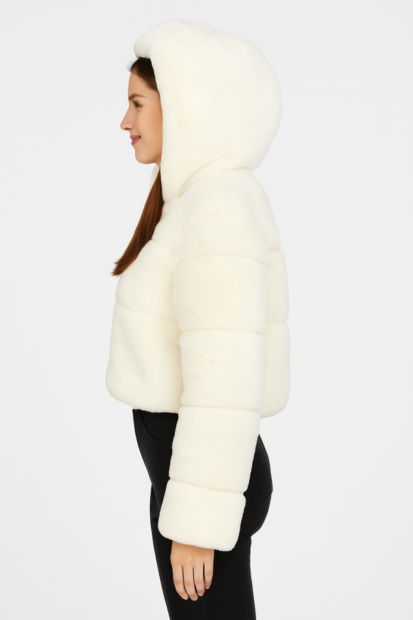 Ivory Faux Fur Hooded Jacket – Cropped Zip-Up