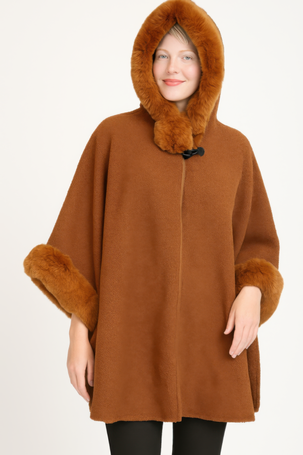 Hooded Cape with Plush Faux Fur Trim – Black