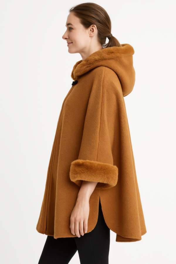 Hooded Cape with Plush Faux Fur Trim – Black