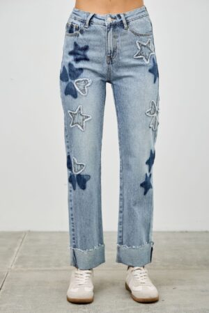High-Rise Dad Jeans with Star & Heart Patches