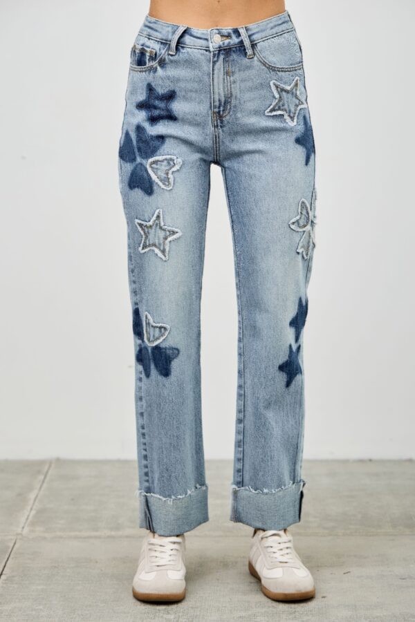 High-Rise Dad Jeans with Star & Heart Patches