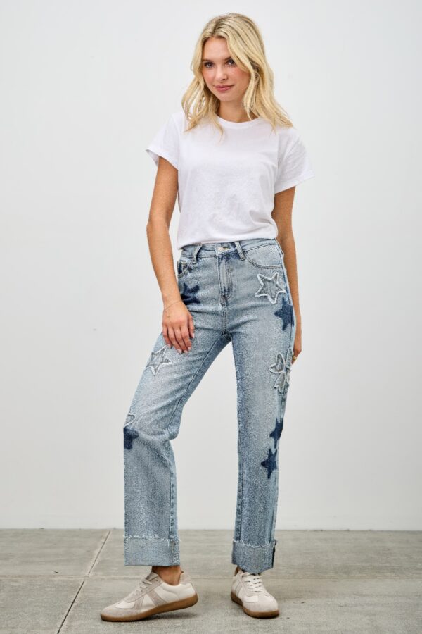 High-Rise Dad Jeans with Star & Heart Patches