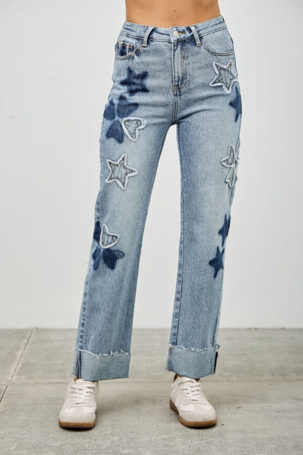 High-Rise Dad Jeans with Star & Heart Patches
