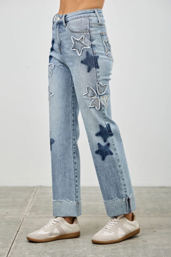 High-Rise Dad Jeans with Star & Heart Patches