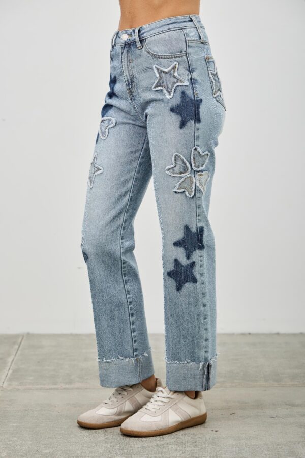 High-Rise Dad Jeans with Star & Heart Patches