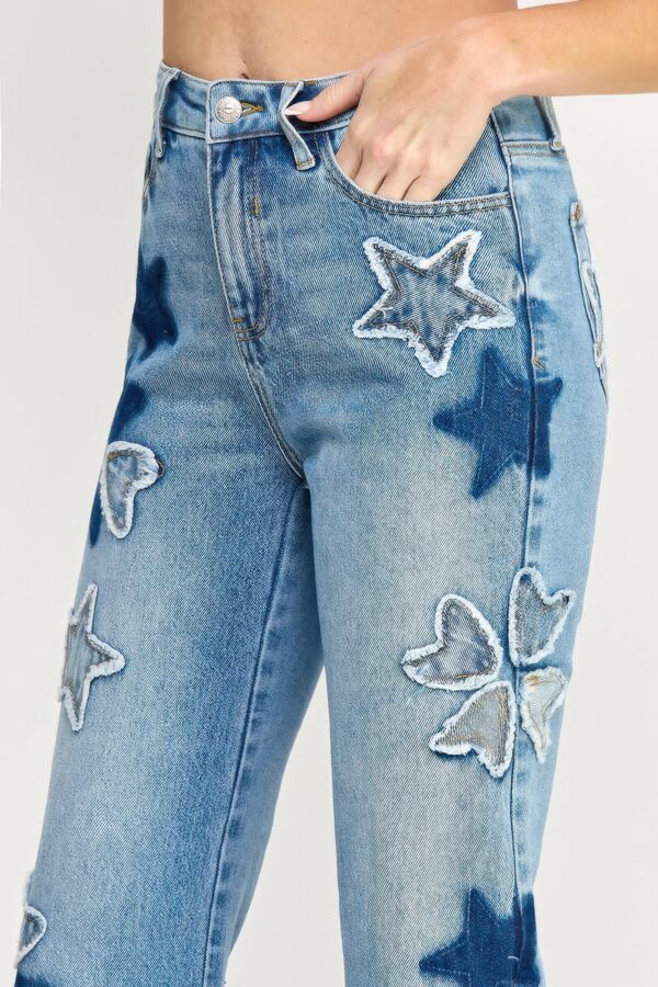 High-Rise Dad Jeans with Star & Heart Patches