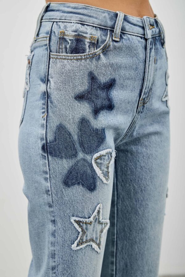 High-Rise Dad Jeans with Star & Heart Patches