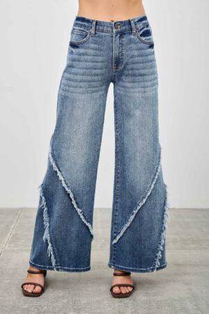 Mid-Rise Wide-Leg Jeans with Frayed Seams