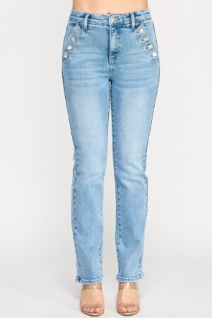 High-Rise Straight Jeans with Buttoned Pocket